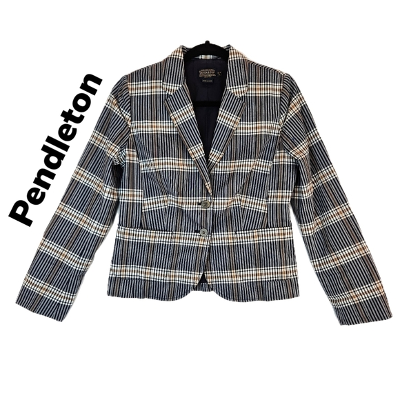 Pendelton Womens All Cotton Short Jacket Blazer Sz 6P Blue, Ivory, Brown Blue - Picture 1 of 13